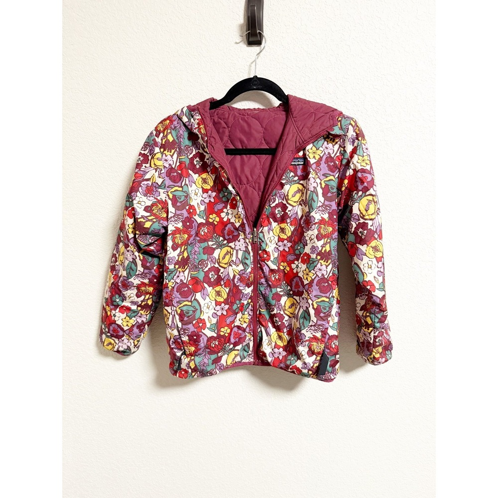Patagonia Girls Puff Ball Reversible Hooded Jacket Full Zip Floral Maroon XL